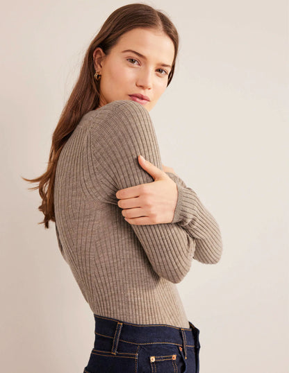 Ribbed Merino Jumper-Dark Mink Melange