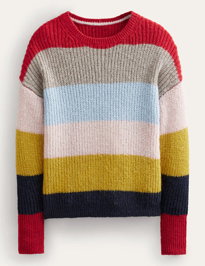 Blouson Cuff Fluffy Sweater-Rainbow Multi Stripe
