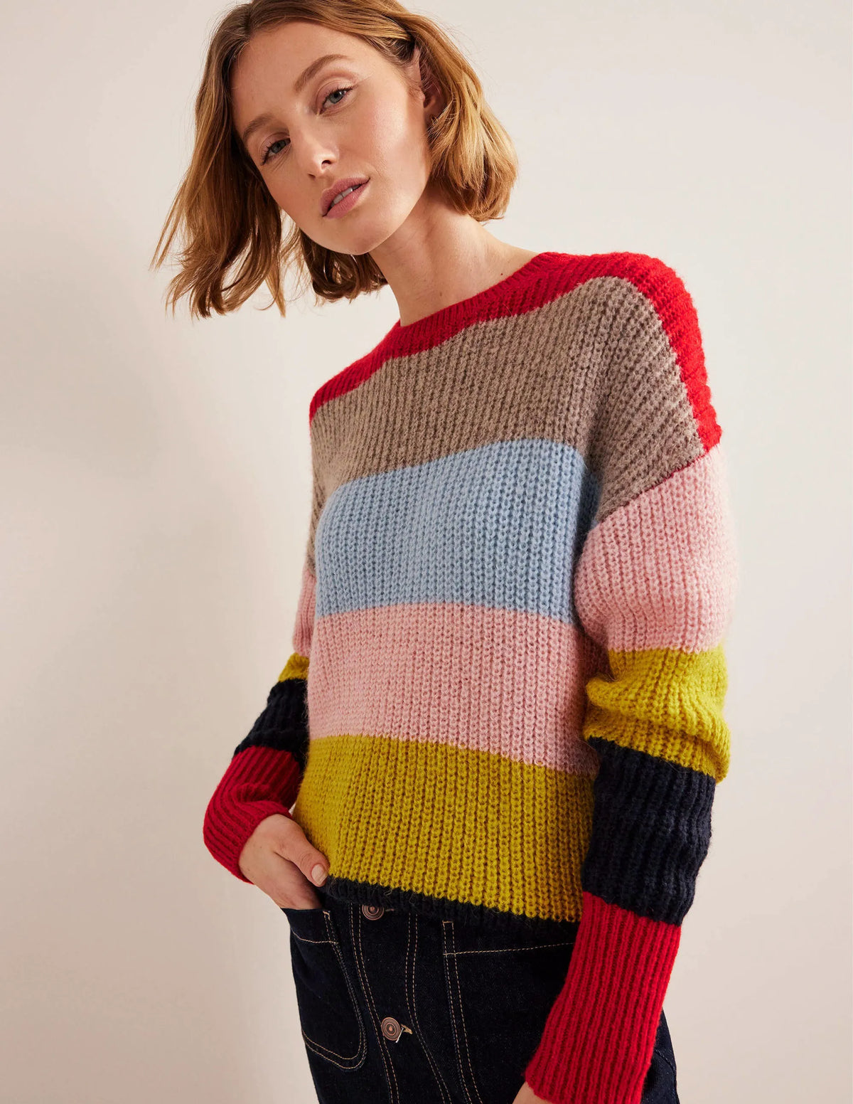 Blouson Cuff Fluffy Sweater-Rainbow Multi Stripe