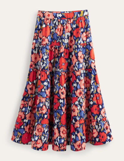 Tiered Poplin Midi Skirt-Navy, Abstract Poppy Large
