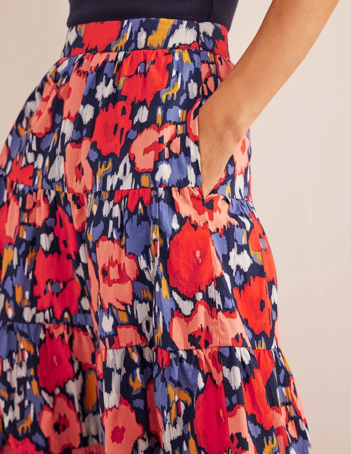 Tiered Poplin Midi Skirt-Navy, Abstract Poppy Large