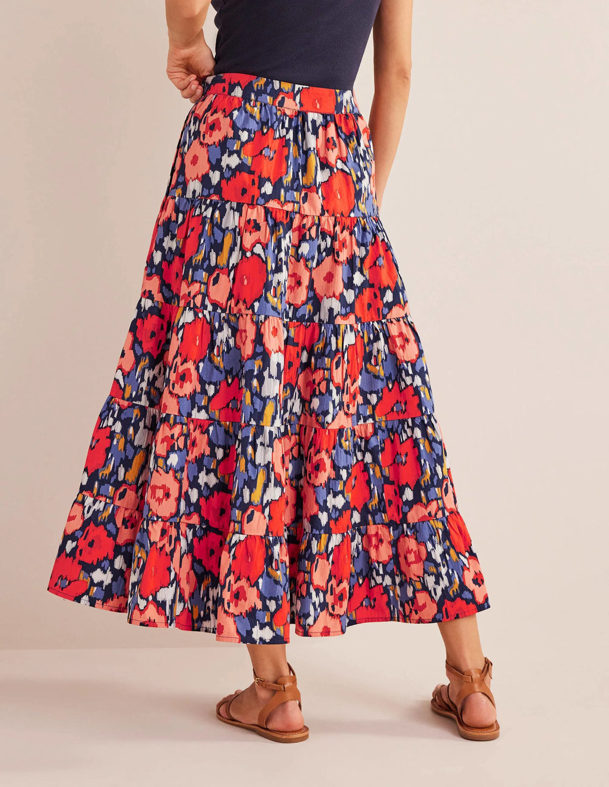 Tiered Poplin Midi Skirt-Navy, Abstract Poppy Large