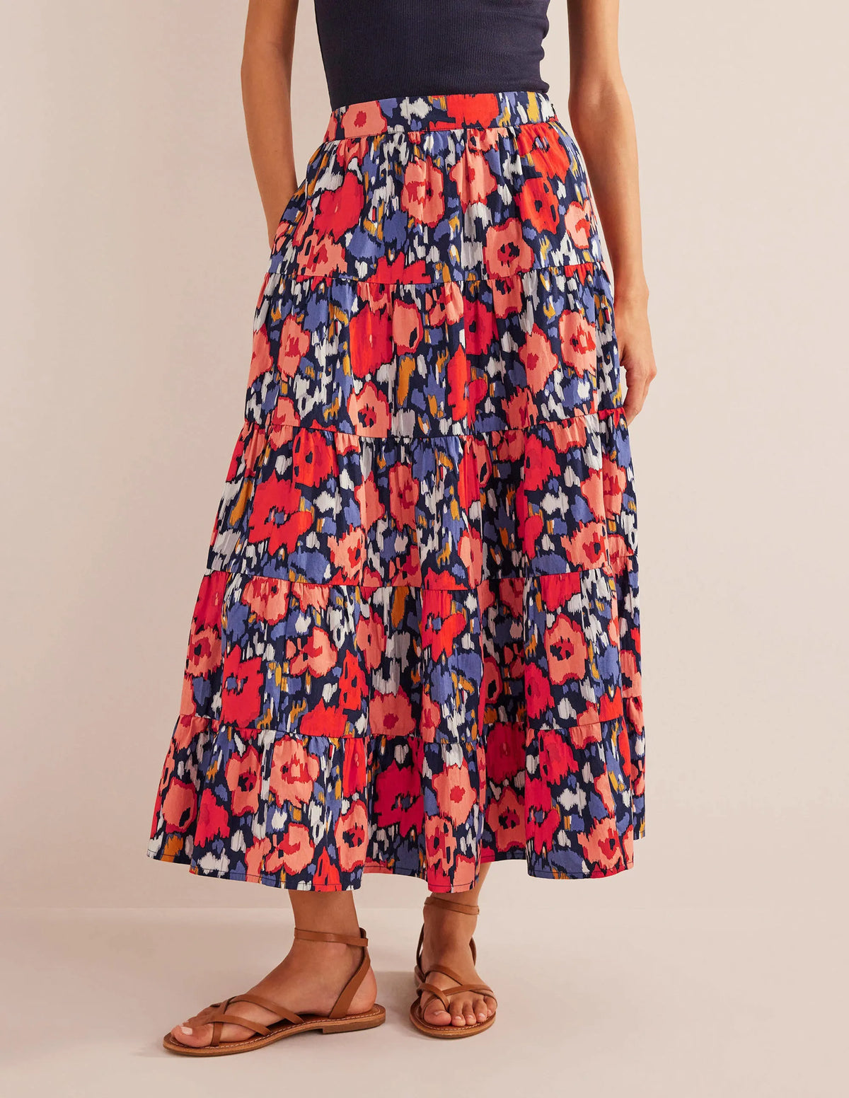 Tiered Poplin Midi Skirt-Navy, Abstract Poppy Large