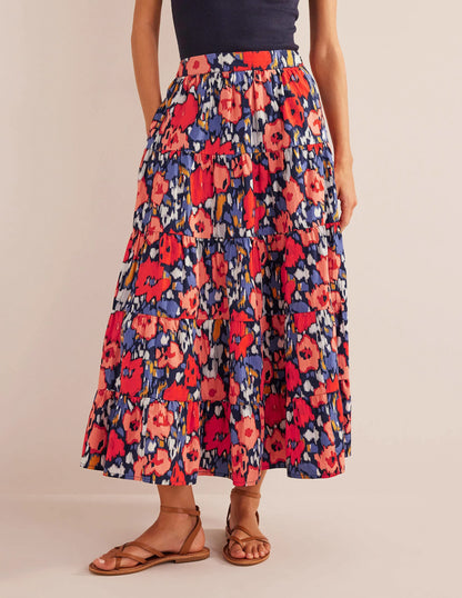 Tiered Poplin Midi Skirt-Navy, Abstract Poppy Large