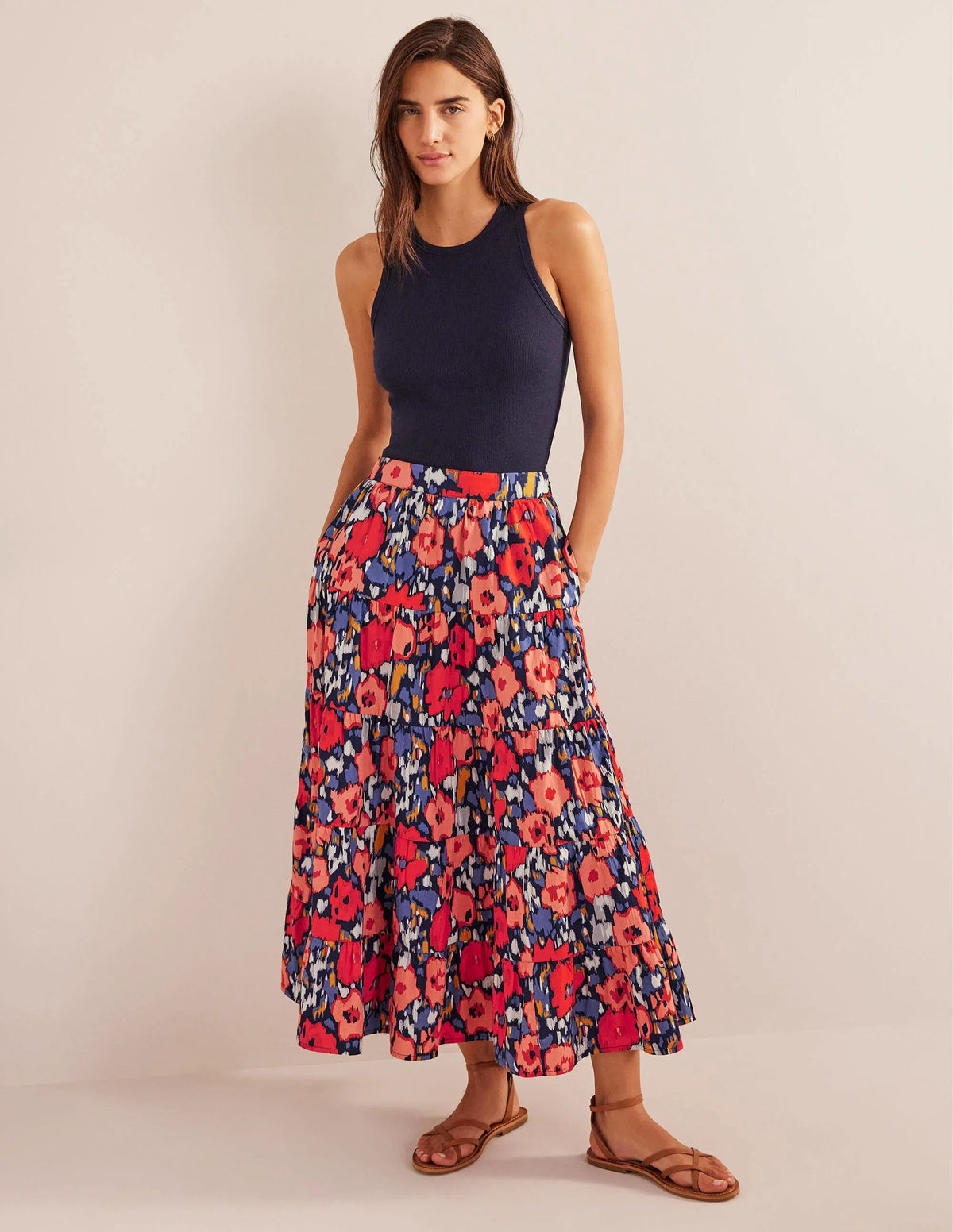 Tiered Poplin Midi Skirt-Navy, Abstract Poppy Large