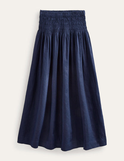 Shirred Waist Linen Midi Skirt-Navy