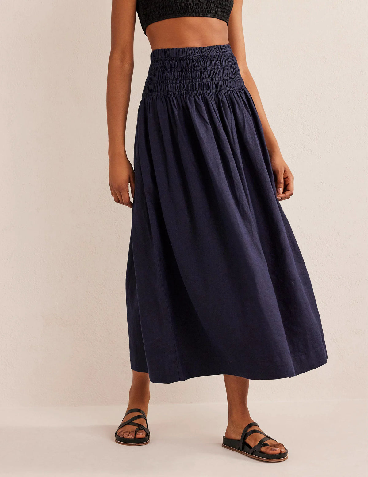 Shirred Waist Linen Midi Skirt-Navy