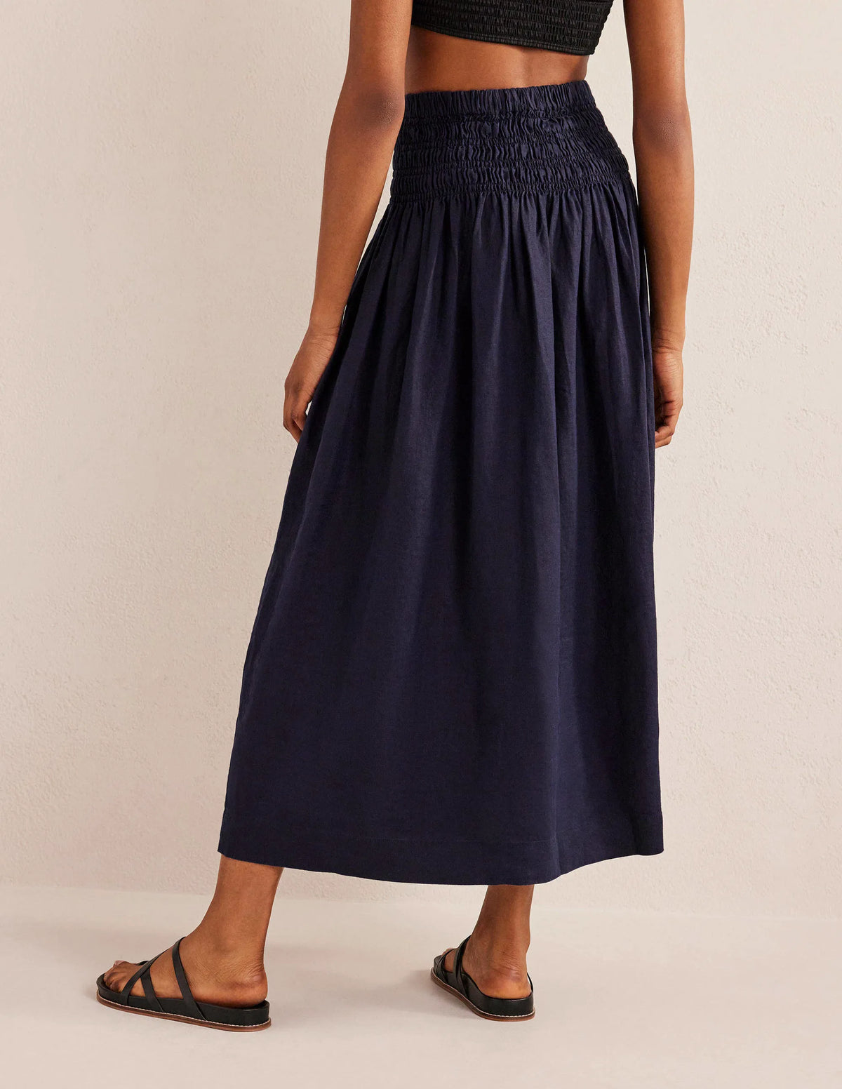 Shirred Waist Linen Midi Skirt-Navy