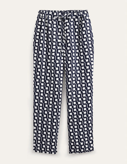 Relaxed Linen Pull On Pants-Navy, Cube Geo