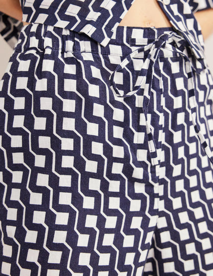 Relaxed Linen Pull On Pants-Navy, Cube Geo