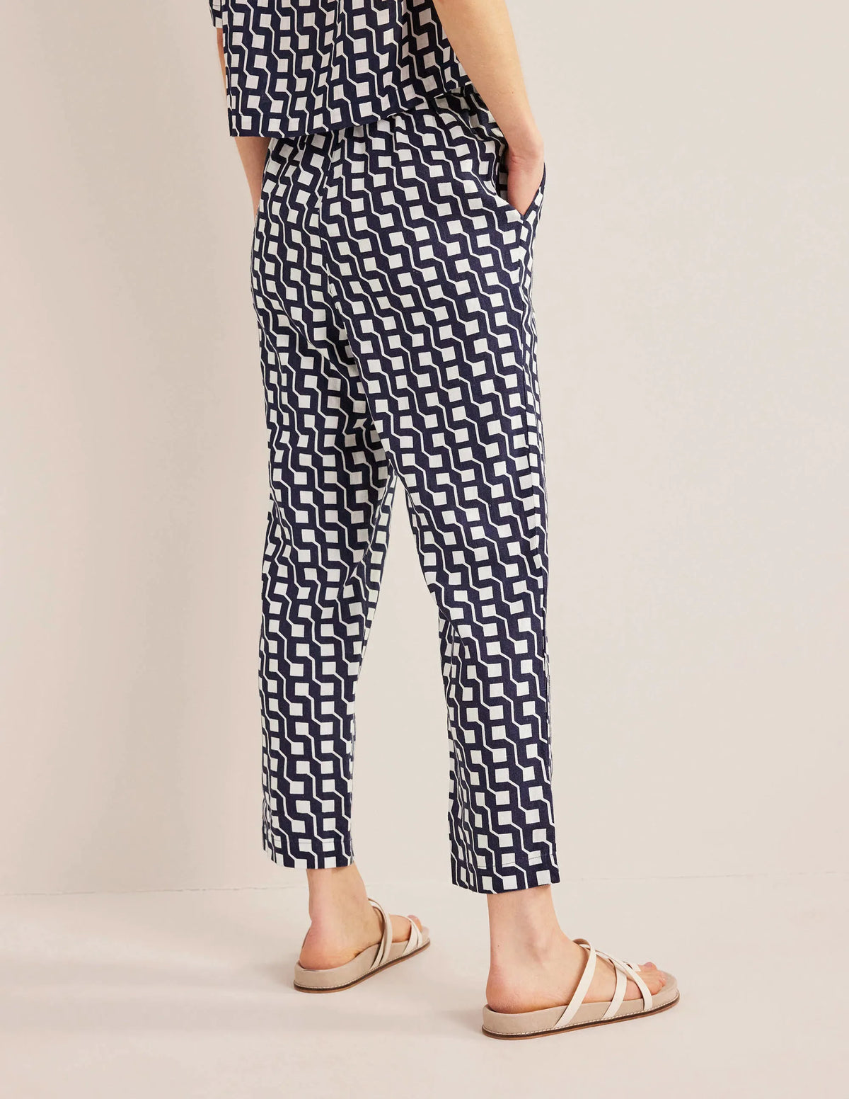 Relaxed Linen Pull On Pants-Navy, Cube Geo