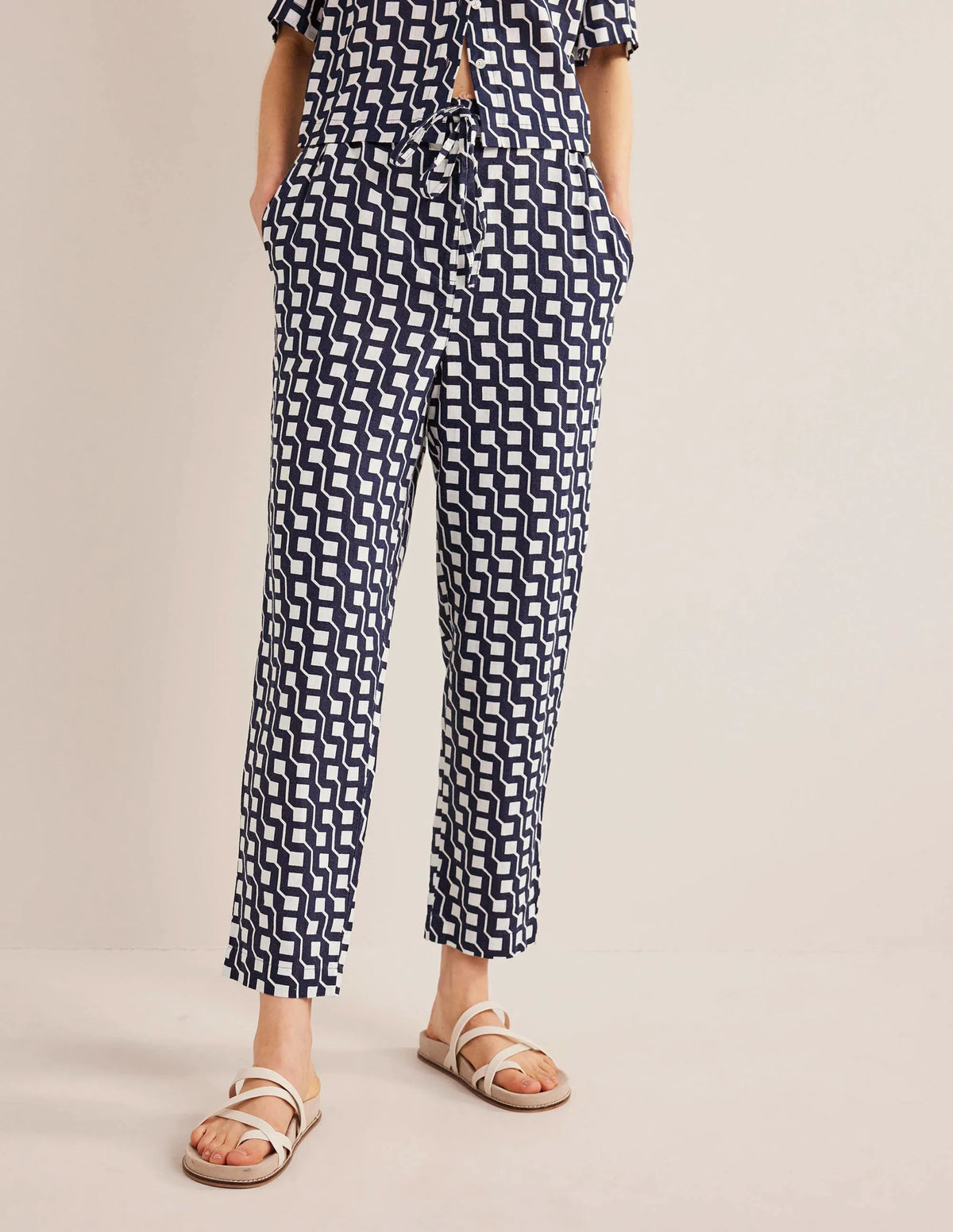 Relaxed Linen Pull On Pants-Navy, Cube Geo