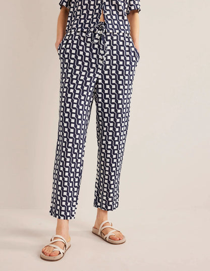 Relaxed Linen Pull On Pants-Navy, Cube Geo