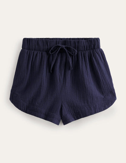 Tie Waist Cheesecloth Shorts-Navy