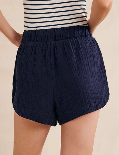 Tie Waist Cheesecloth Shorts-Navy