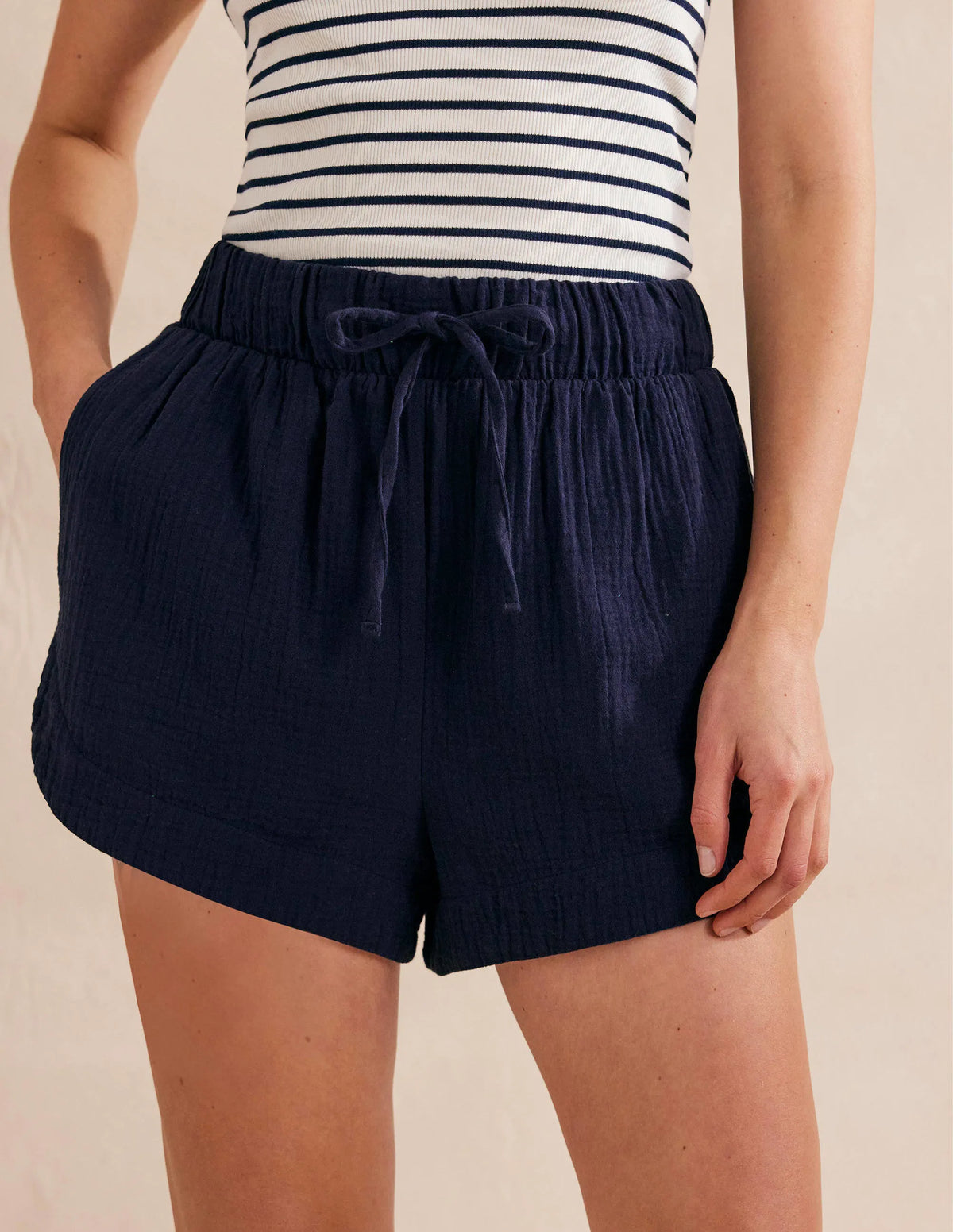 Tie Waist Cheesecloth Shorts-Navy