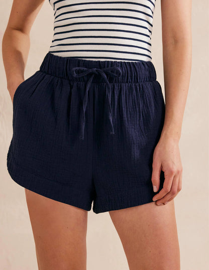 Tie Waist Cheesecloth Shorts-Navy