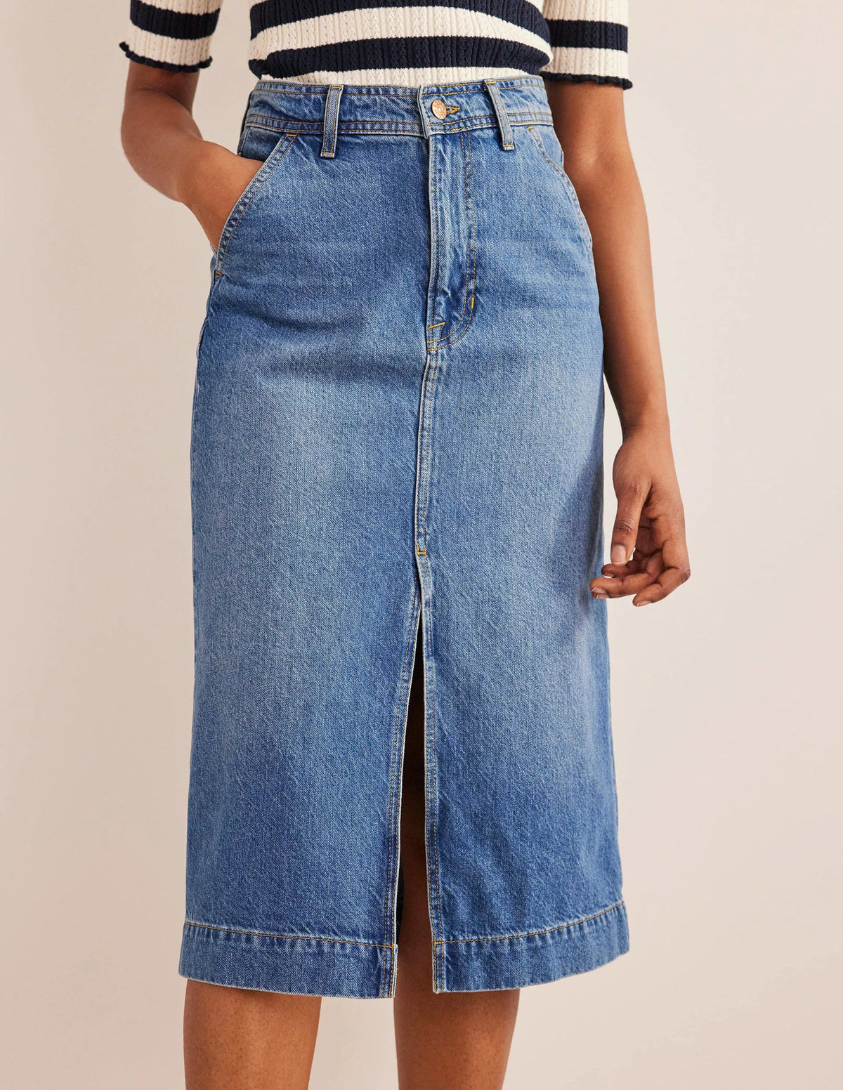 Straight Denim Midi Skirt-Groove Wash