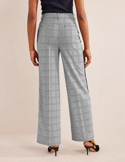 Wesbourne Wide Leg Pants-Check with Navy Side Stripe
