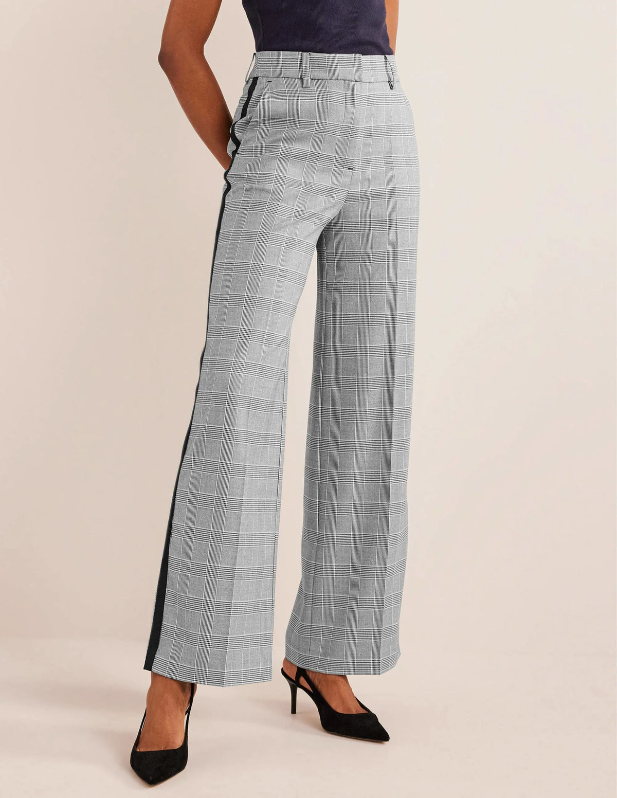 Wesbourne Wide Leg Pants-Check with Navy Side Stripe