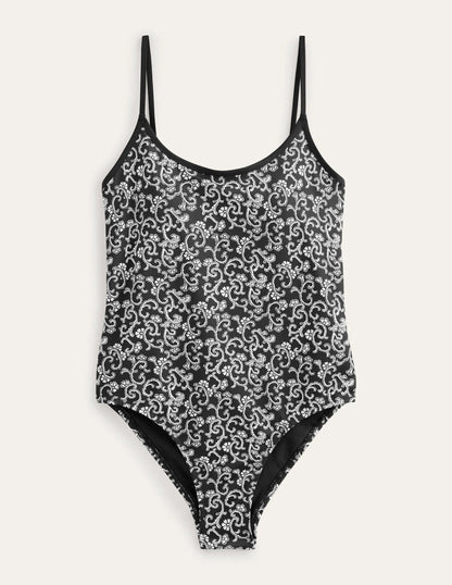 Scoop Tie Back Swimsuit-Nero, Swirl Sprig