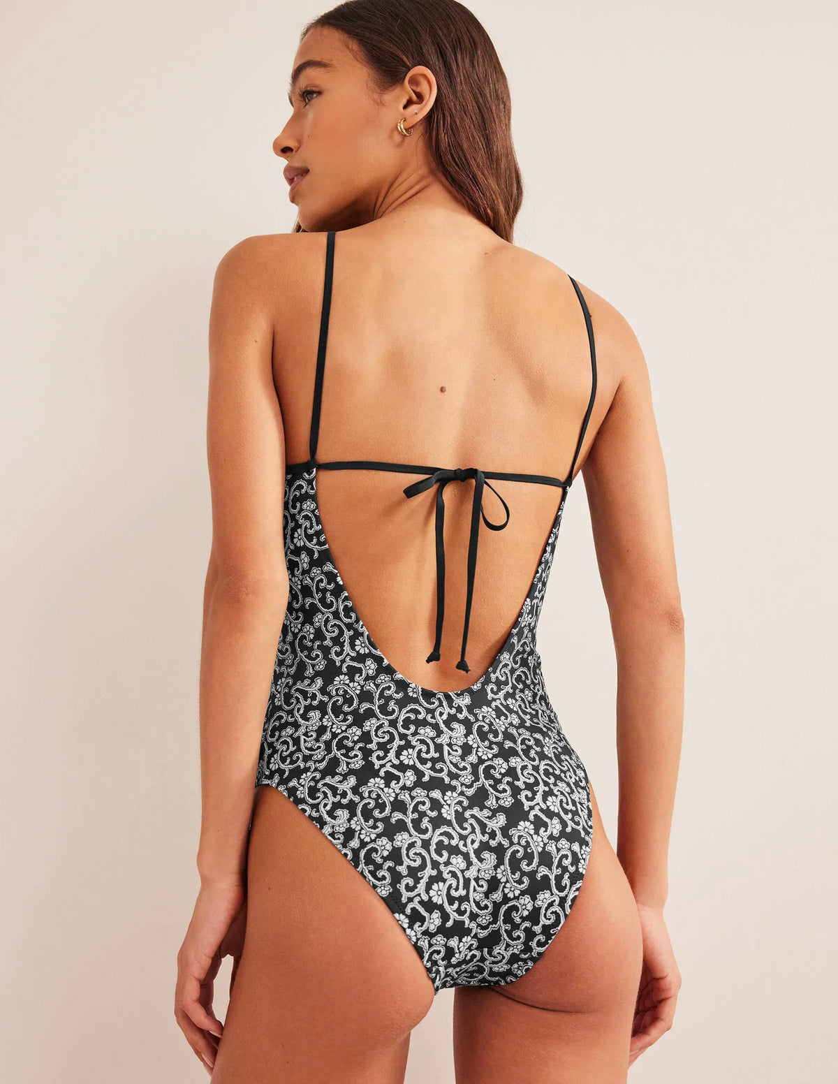 Scoop Tie Back Swimsuit-Nero, Swirl Sprig