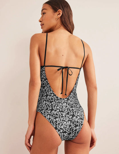 Scoop Tie Back Swimsuit-Nero, Swirl Sprig