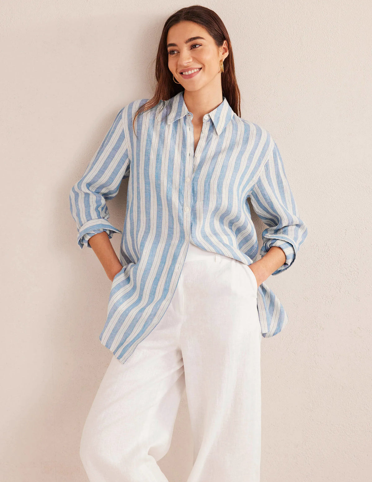Relaxed Linen Shirt-Porcelain Blue, Sparkle Stripe