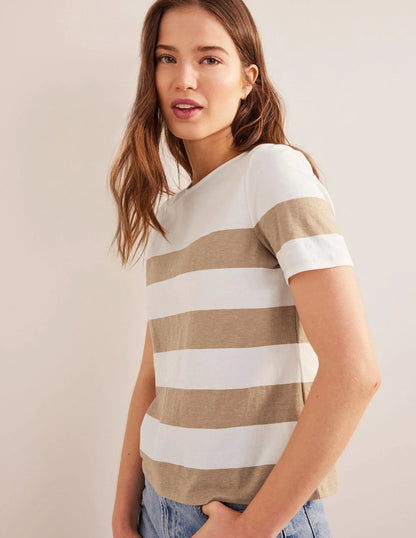 Bea Short Sleeve Breton-Ivory, Camel Wide Stripe