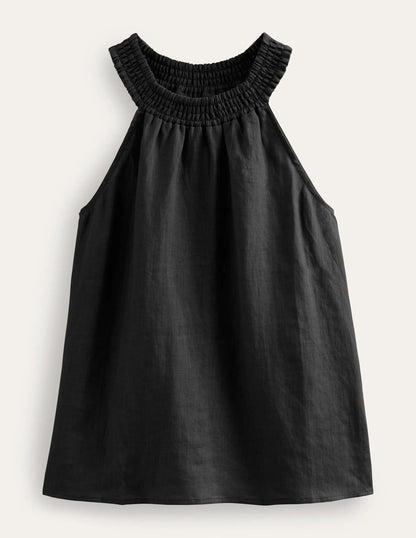 Linen Smocked Halter Top-Black