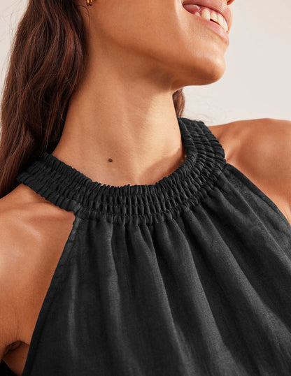 Linen Smocked Halter Top-Black