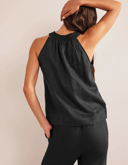 Linen Smocked Halter Top-Black