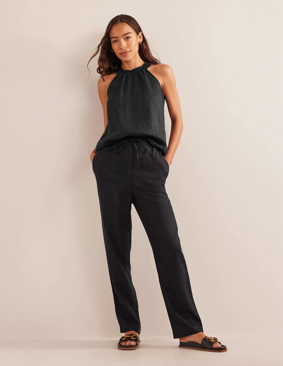 Linen Smocked Halter Top-Black