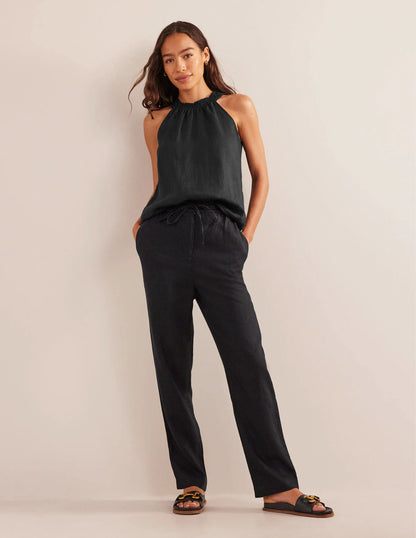 Linen Smocked Halter Top-Black