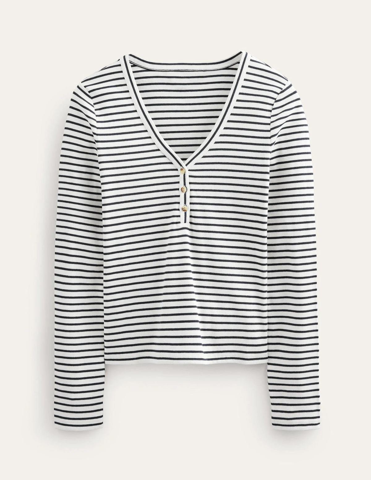 Stripe Ribbed Fitted Henley-Ivory/Navy Stripe