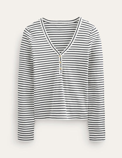 Stripe Ribbed Fitted Henley-Ivory/Navy Stripe