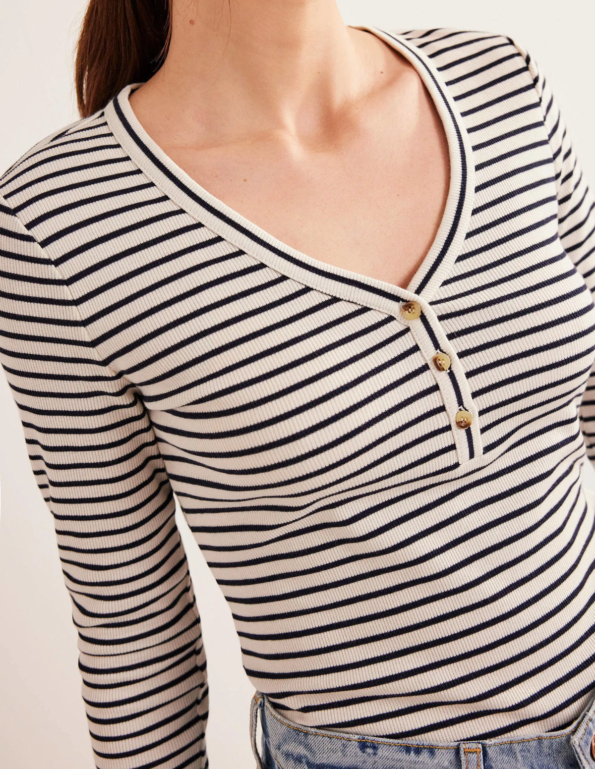 Stripe Ribbed Fitted Henley-Ivory/Navy Stripe