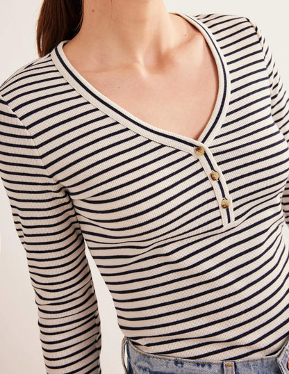 Stripe Ribbed Fitted Henley-Ivory/Navy Stripe