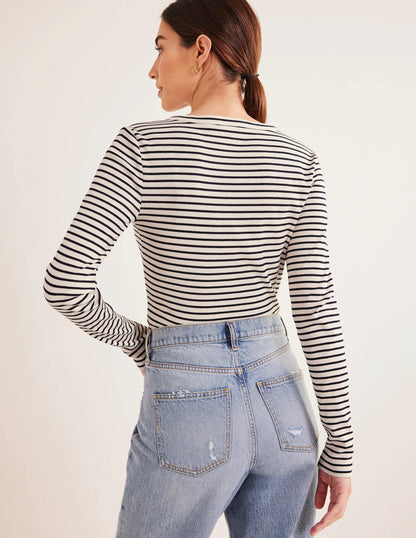 Stripe Ribbed Fitted Henley-Ivory/Navy Stripe