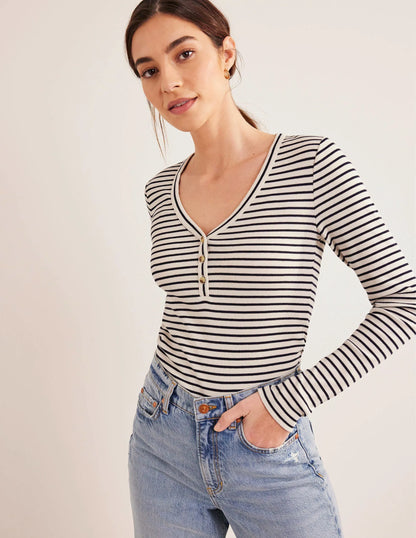 Stripe Ribbed Fitted Henley-Ivory/Navy Stripe