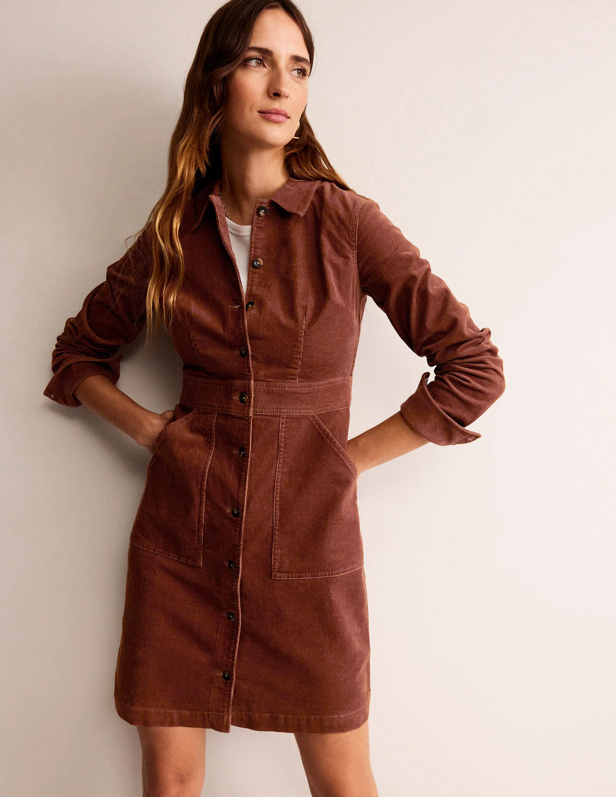 Flora Cord Shirt Dress-Cognac
