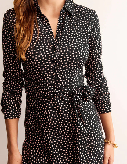 Laura Jersey Midi Shirt Dress-Black, Abstract Dot