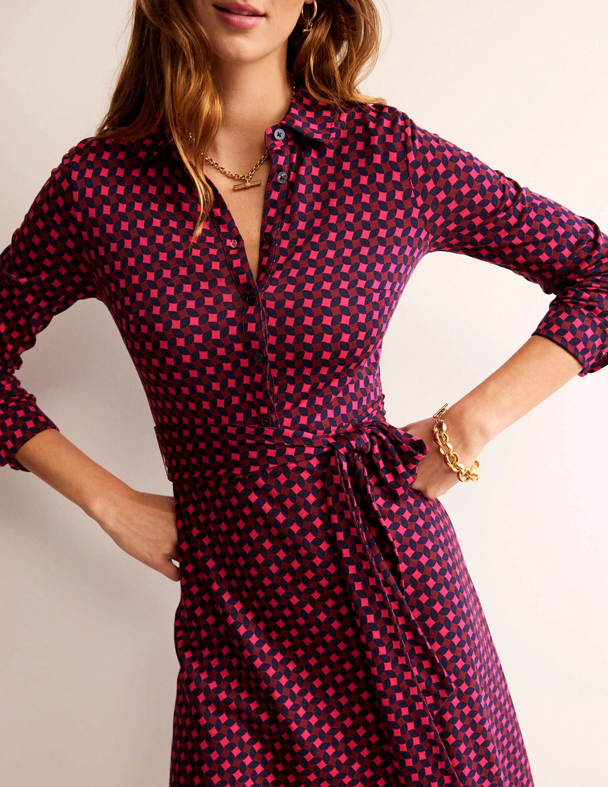 Laura Jersey Midi Shirt Dress-Vibrant Pink, Abstract Diamond