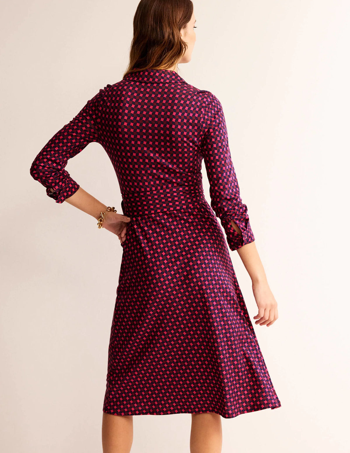 Laura Jersey Midi Shirt Dress-Vibrant Pink, Abstract Diamond
