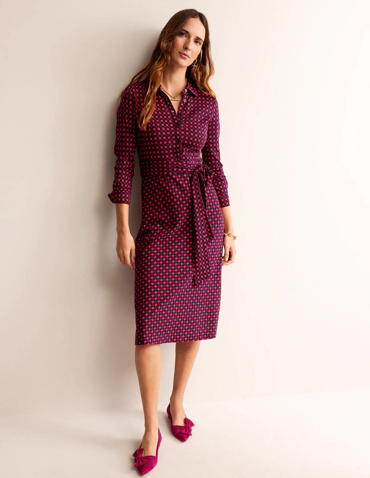 Laura Jersey Midi Shirt Dress-Vibrant Pink, Abstract Diamond