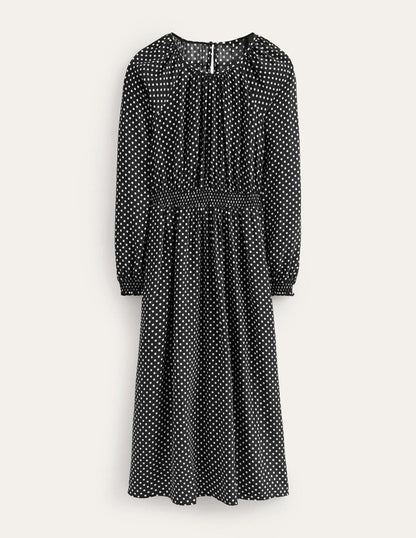 Gather Raglan Midi Dress-Black, Dotty