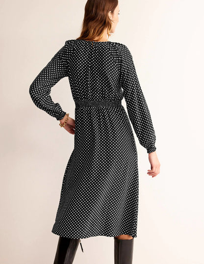 Gather Raglan Midi Dress-Black, Dotty