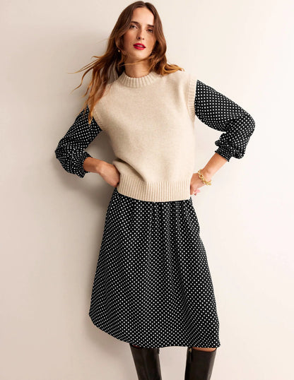 Gather Raglan Midi Dress-Black, Dotty