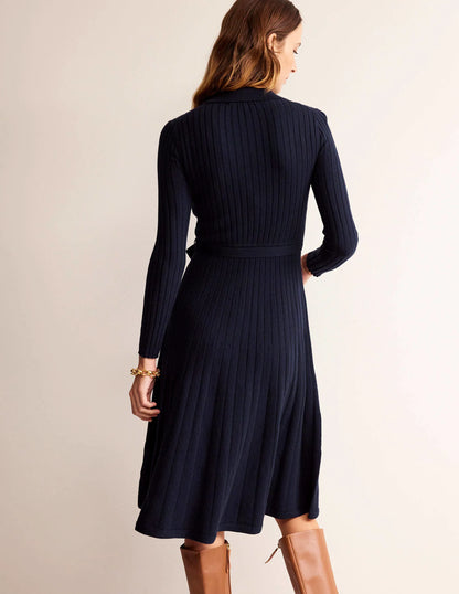 Rachel Knitted Shirt Dress-Dark Blue