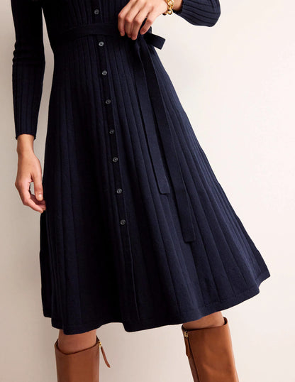 Rachel Knitted Shirt Dress-Dark Blue
